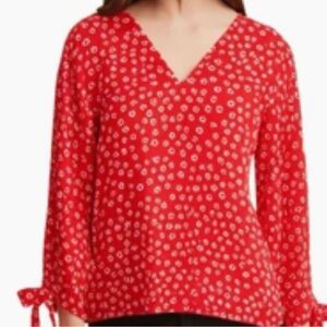 CeCe Red Floral Blouse with Tie Sleeves Size Medium